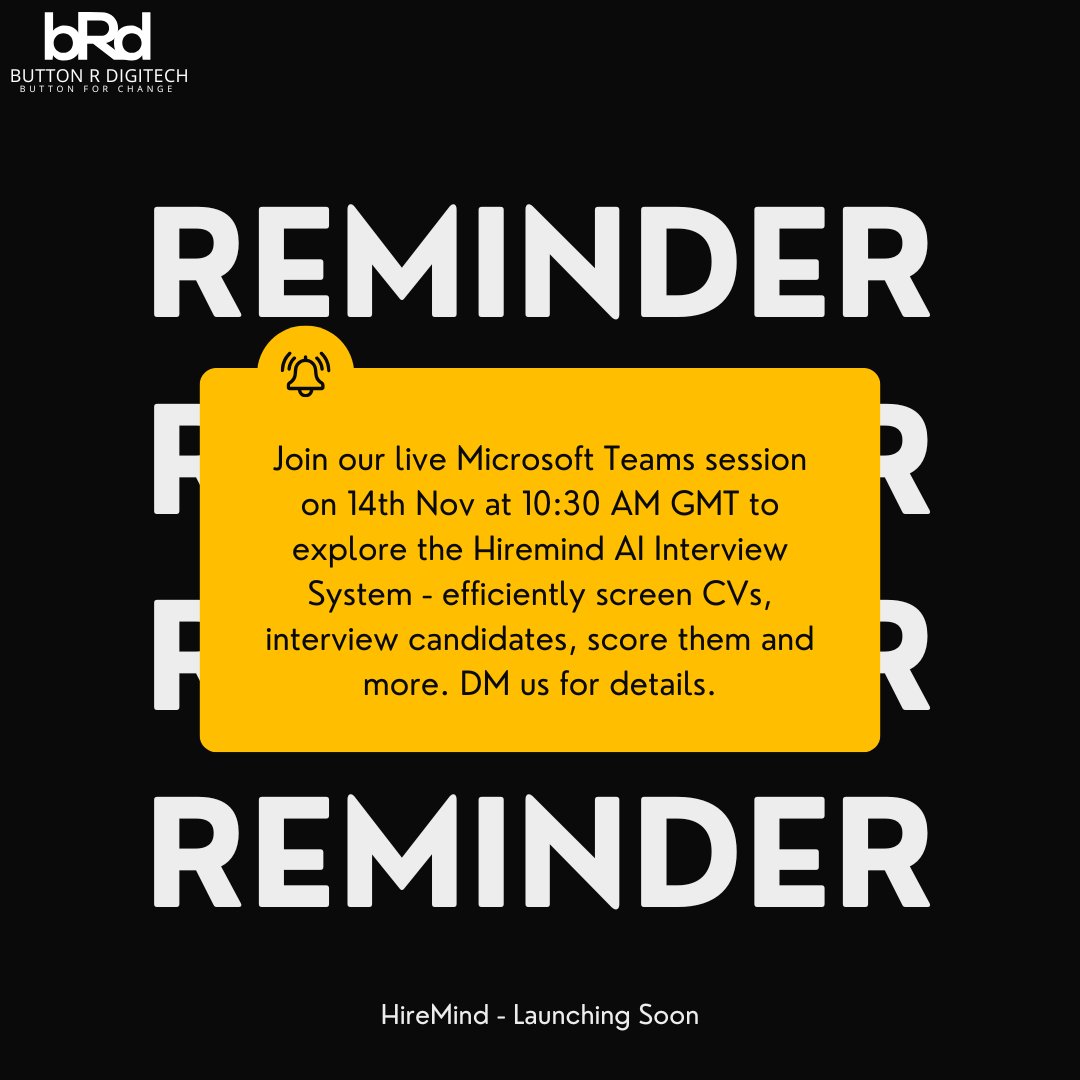 AiDigitechUK's tweet photo. Join our Microsoft Teams session and experience Hiremind by BRDigitech UK in action.
📅 Date: 14th November
⏰ Time: 10:30 AM GMT
DM to reserve your spot, limited spaces available.
#AI #HR #Recruitment #TalentAcquisition #LondonAI #ESGTech #AIEthics #HireMind #BRDigitechUK https://t.co/SDQY2Viqe7