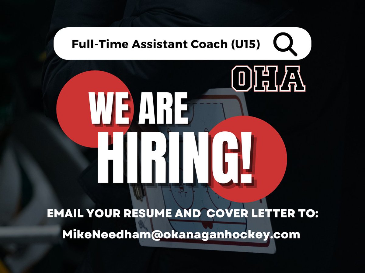 Passionate about developing the next generation of athletes? 🏒
OHA Penticton is looking for an Asst. Coach to join their U15 team. Be part of a world-class program that pushes players and coaches to reach their full potential.

Full Job Description here: ohapenticton.com/careers/