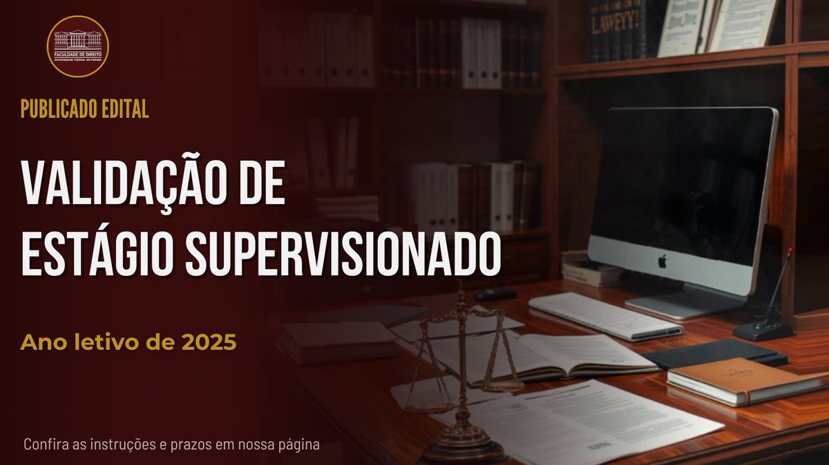 Para solicitar a validação é necessária matrícula na disciplina no ano de 2025 e o atendimento a todos os requisitos e prazos especificados na orientação do Edital.
Confira as instruções, bem como os prazos para envio da documentação pelo link: direito.ufpr.br/wp-content/upl…