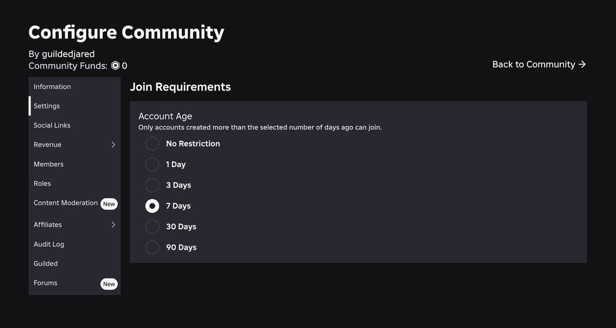 Bloxy_News's tweet image. Roblox is beginning to roll out new features for Communities, including a minimum account age requirement to join, additional category permissions for Forums, locking Forum post replies, and more.

Learn more: devforum.roblox.com/t/introducing-…