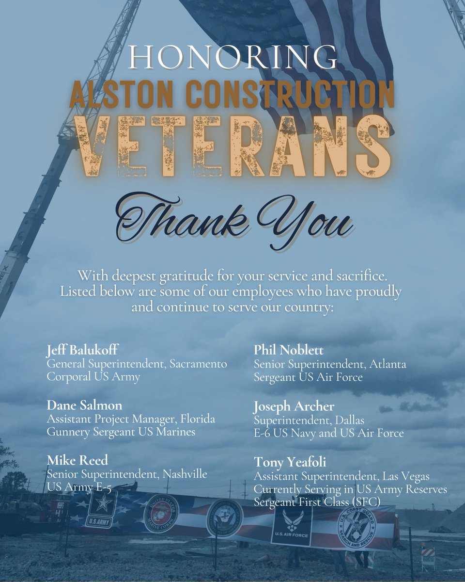 alstonconstruct's tweet image. This Veterans Day, we proudly recognize some of our Alston Construction team members who have served and those still serving our country. We’re deeply grateful to all veterans for your service, sacrifice, and commitment to protecting our freedoms. 🇺🇸 #VeteransDay