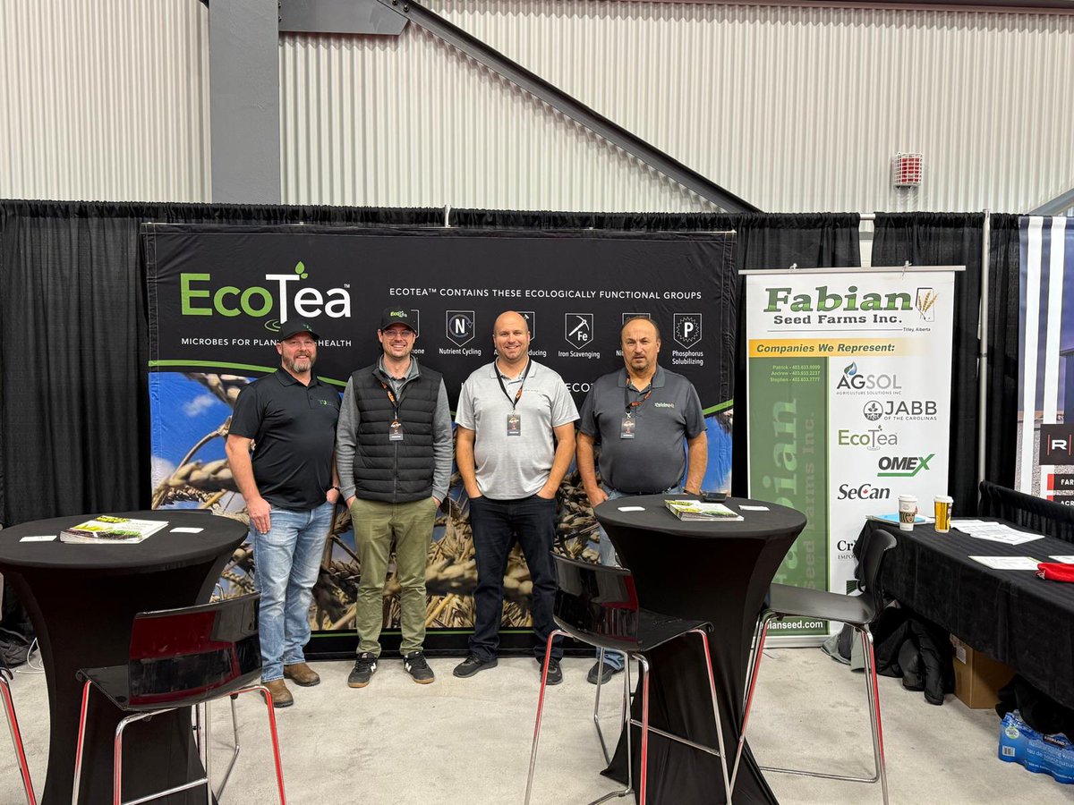 EcoTea_Ag's tweet photo. We had a wonderful time at AgriTrade las week in Red Deer!🌾
We even had some or our distributors down at the booth to make for an even better show!
Hope to see you at the booth at our next show!

Pictured: David Stroshein (Nu Earth), Neal Wagar (EcoTea) , Andrew and Patrick Fabian (Fabian Seed Farms)