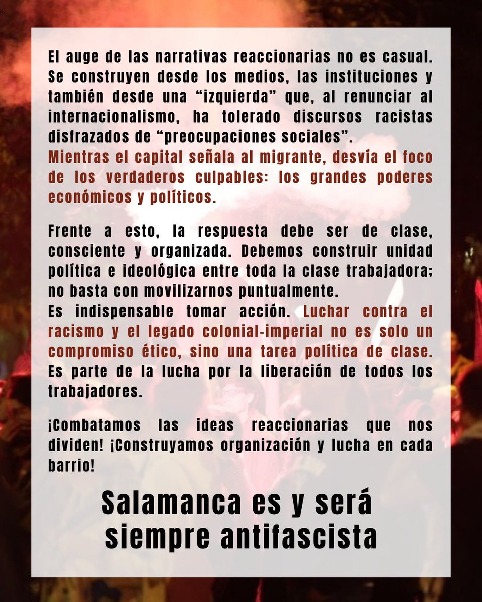 Salamanca es y será siempre antifascista.
Nos vemos el domingo 23 de noviembre en la Plaza del Liceo a las 20:00h.