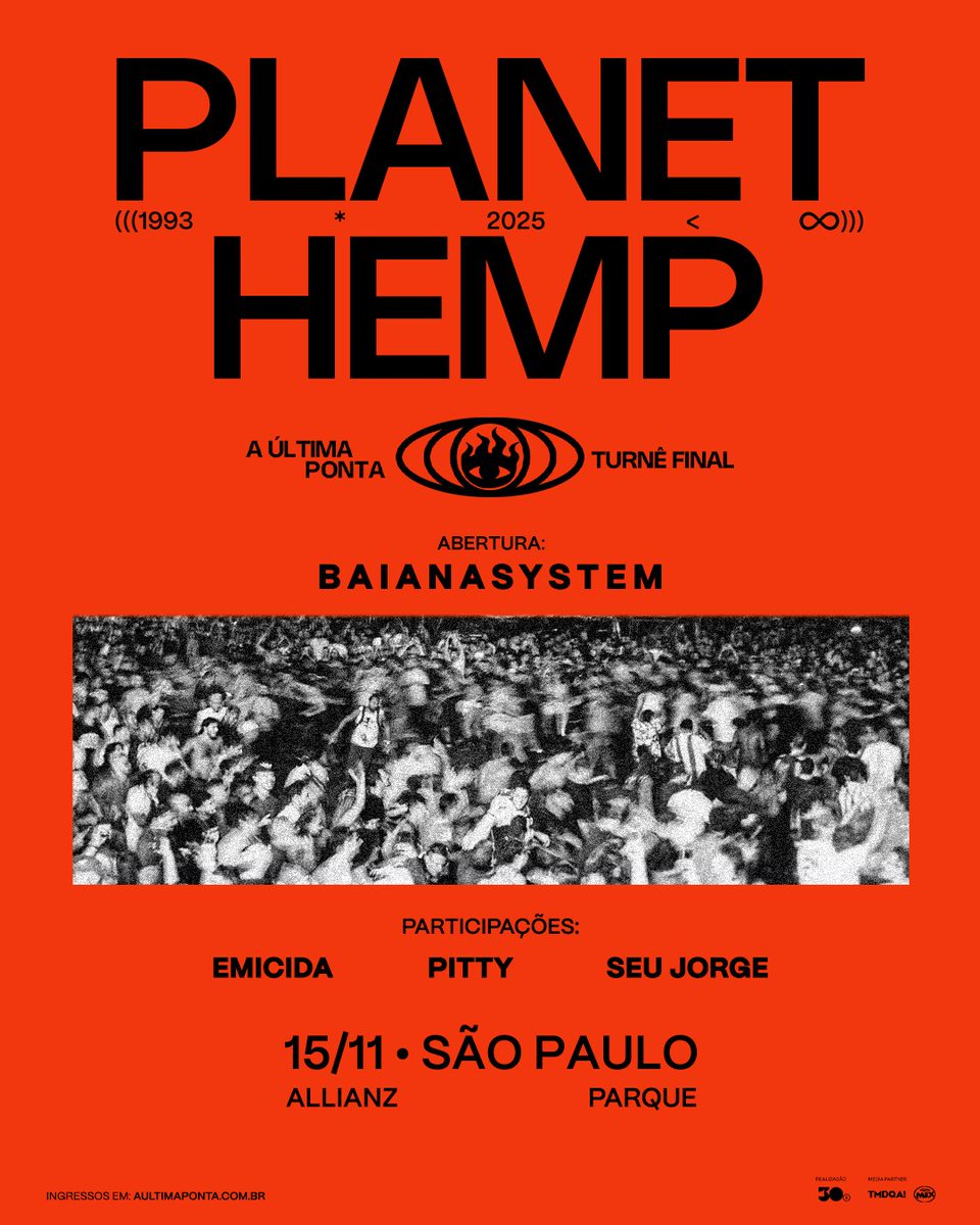 planethempreal's tweet image. SÃO PAULO! 📢 Chegou a hora do adeus! O Planet Hemp encerra o ciclo de 30 anos com o Manifesto Final no Allianz Parque! Com a gente: @emicida , @Pitty , @seujorge , @zegon e show de abertura do @baianasystem  🔥 
Ingressos virando fumaça em aultimaponta.com.br