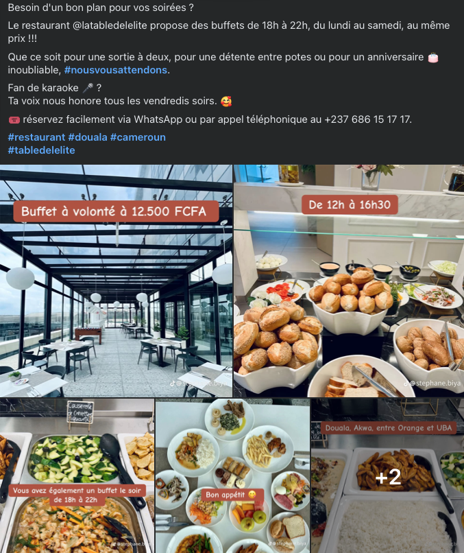 LeCoinClient237's tweet photo. #consommateurs237

Need a good plan for your evenings?

The @latabledelelite restaurant offers buffets from 6pm to 10pm, from Monday to Saturday, at the same price!!! https://t.co/prZE80EBim