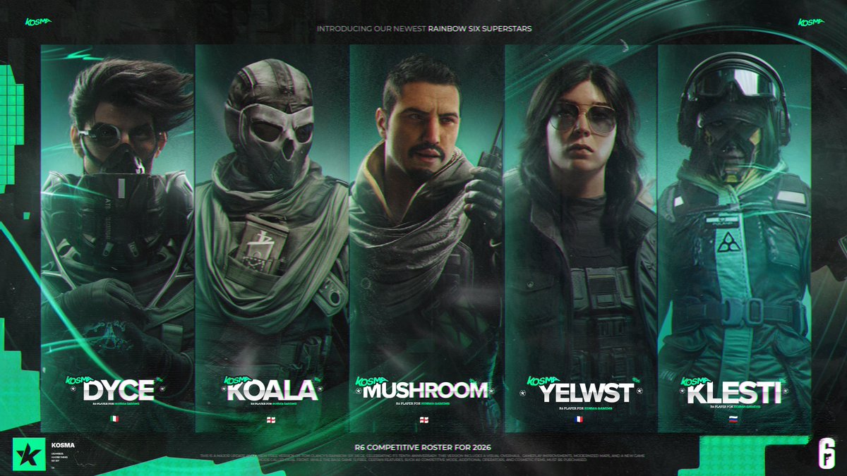 Our core remains strong. 💪

Kosma’s superstars:
✧ <a href="/Dyce_R6/">Dyce</a> 
✦ <a href="/Koalawga/">Koala</a> 
✧ <a href="/Shrromie/">Shroom</a> 
✦ <a href="/klestiR6/">klesti</a> 
✧ <a href="/Ye1L0wSt/">Yelwst 🇨🇵</a> 

#KosmaUp