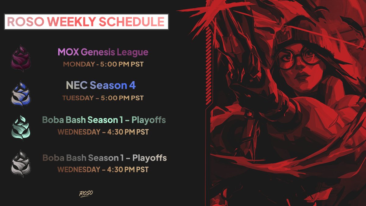 The Stage is Set.... 🌹 

Here are your official ROSO teams representing the org in Tourneys / Leagues for the week!! 

❖ ROSO Sapphire 🌺- Monday |  PM PST

❖ ROSO Royal 👑 - Tuesday | 5:00 PM PST 

twitch.tv/nerve_esp

❖ ROSO Paradox 🫒 - Wednesday | 4:30 PM PST 

❖