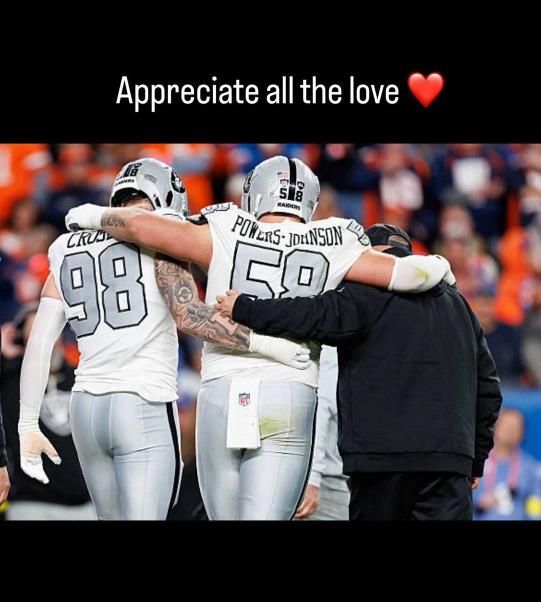 JPowersJ's tweet photo. 🎶 I get by with a little help from my friends 🎶 The Beatles 🩶🖤
Thank you Raider Nation!!! 
The outpouring of love has been heart warming &amp; overwhelming! 
Attacking Recovery!! 
We love you as Big as Love is ! #RN4L #Raiders 🩶🖤🏴‍☠️ https://t.co/8FaJ4Zy730