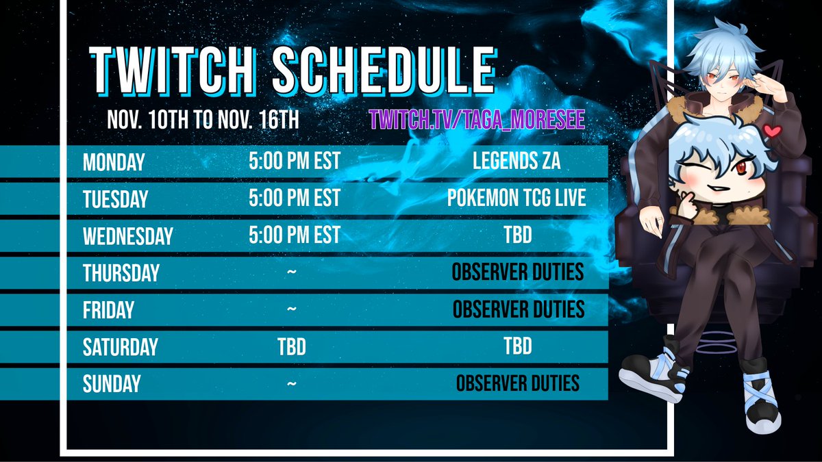 📆NEW SCHEDULE DROP📆

Gonna FINALLY be playing some Legends ZA as well as getting back to my pokemon tcg roots 🥳!

Still hashing some stuff out but its okay, first week back is gonna be great 😊!

Hope to see yall there!

#Vtuber | #Pokemon