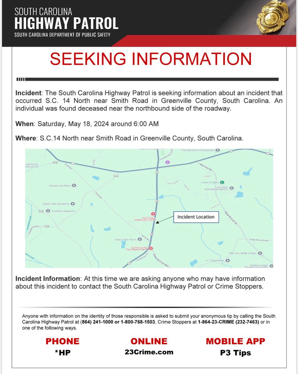 SCHP_Troop_3's tweet image. We are seeking information about an incident that occurred in Greenville County. If you have any information please contact 1-888-274-6372 or *HP (*47) on your mobile device. #scdps #schp #targetzero