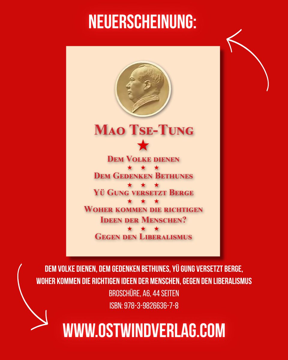 Fünf Texte von Mao als handliche Broschüre im Format DIN A6. Jetzt bestellen:
ostwindverlag.com 🚩📚

#buch #ostwindverlag #mai