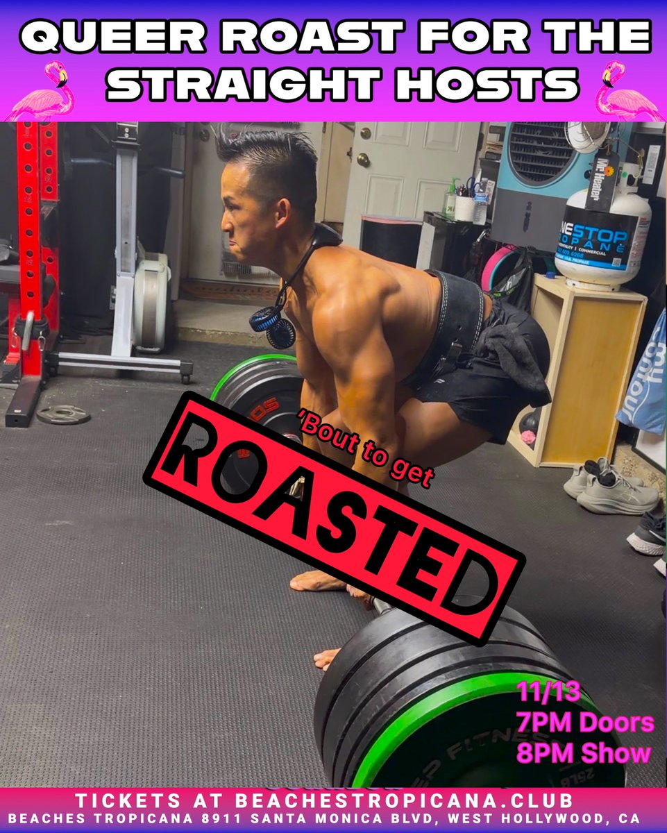 QueerRoast's tweet photo. He can deadlift hundreds of pounds but can he survive the WeHo Gays? Find out this Thursday at Queer Roast in WeHo! https://t.co/bNqg8i9GmE