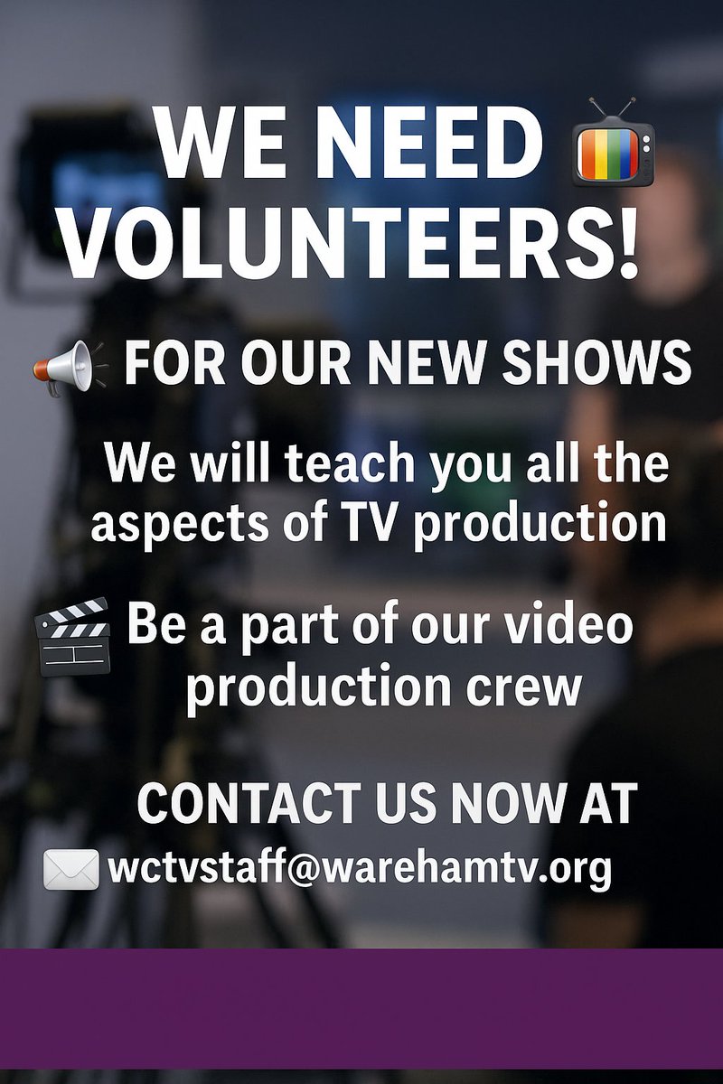 warehammedia's tweet photo. 📷 Join our video production crew!
Learn TV production, work on new shows, and gain hands-on experience. No experience needed!

📷 wctvstaff@warehamtv.org

#Warehammedia #Volunteer #VideoProduction #CommunityMedia #TVProduction #Wareham https://t.co/CsPEJ8MlWF