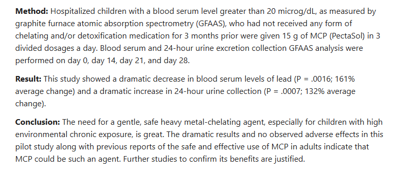 IanMcIntosh1's tweet photo. One of the best binders (especially for kiddos) Is Modified Citrus Pectin! Check out this paper:
PMID: 18616067

161% decrease in blood LEAD levels. 

My favorite MCP -> Pectasol https://t.co/SaBAqRQKH3