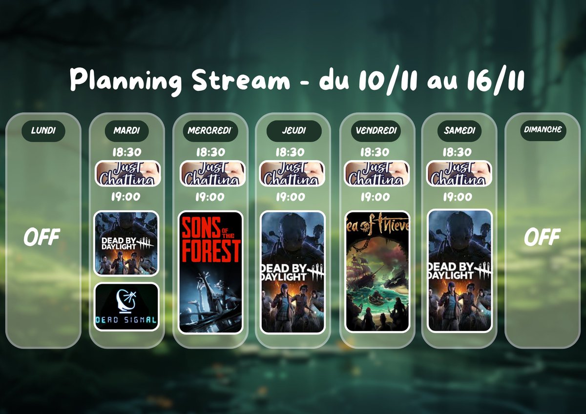 nayva_'s tweet photo. Planning de la semaine :

MARDI : 2vs8 avec la commu puis un peu de Dead Signal
MERCREDI : On avance sur notre aventure Sons of the Forest
JEUDI : Session killer sur dbd
VENDREDI : Sea of Thieves
SAMEDI : On fini la semaine sur dbd !

Des bisous 🩶🌻 https://t.co/WiIUcwP3yL