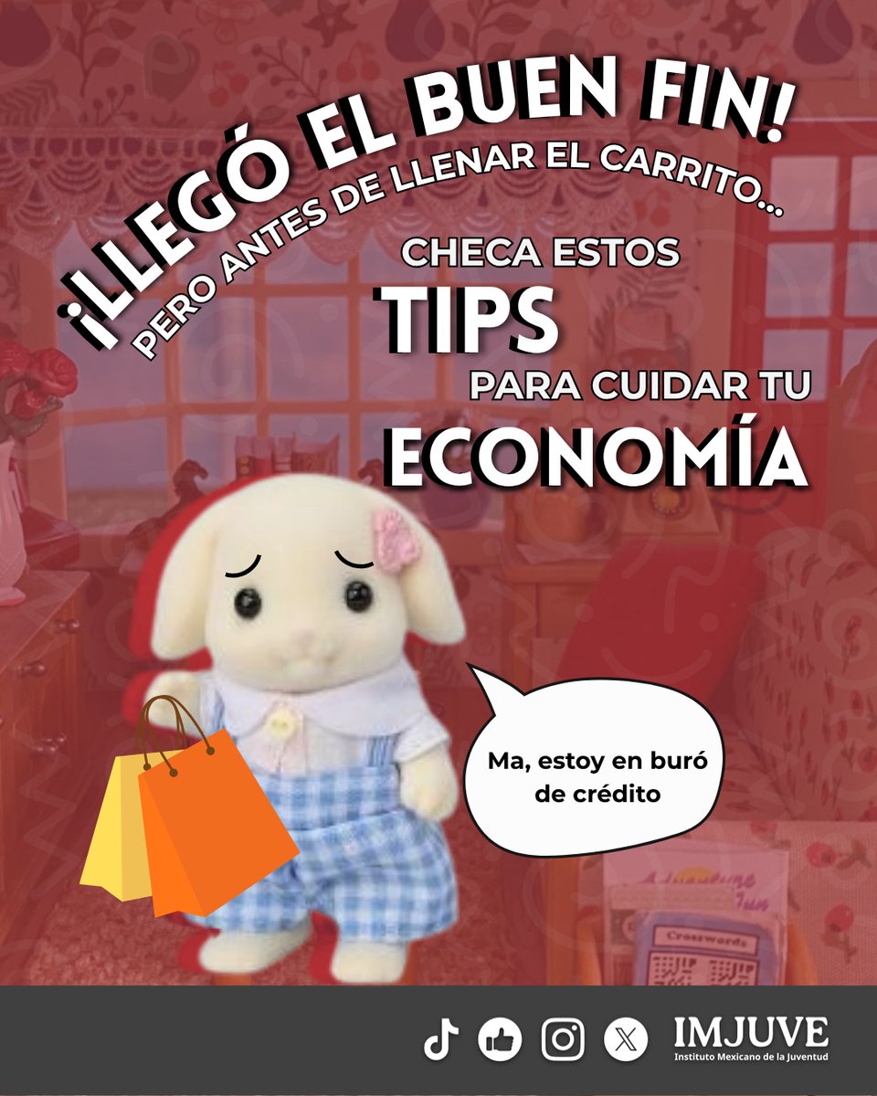 imjuvemx's tweet photo. ¡Llegó el Buen Fin! 🛍️
Antes de dejarte llevar por las ofertas, te compartimos algunos consejos para cuidar tu bolsillo (y tu paz mental).
Y recuerda: no todos los descuentos valen la pena. 💳✨
#JuventudesQueTransforman #IMJUVE #BuenFin https://t.co/shmLWUFOpk