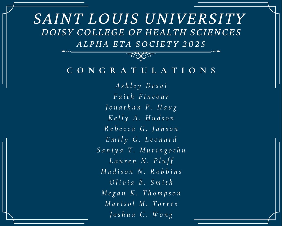 Congratulations our outstanding PT students on their induction into the Alpha Eta Honor Society! Your dedication, excellence, and hard work continue to make us proud.👏🎉

#SLUPT #AlphaEta #DCHSlife #Congrats