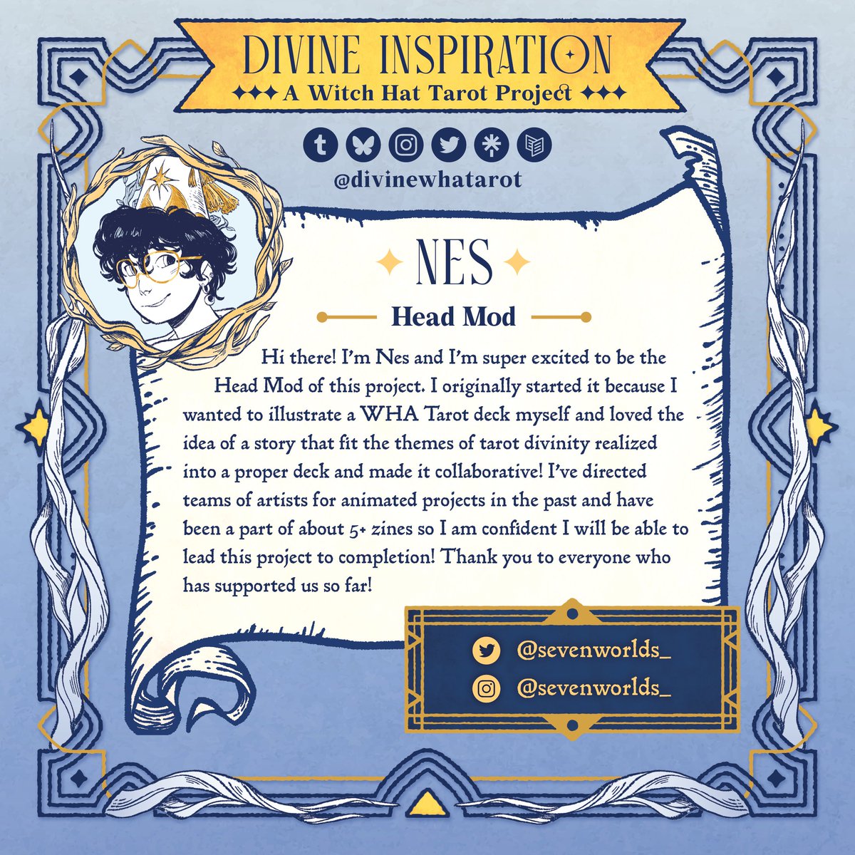 ✶⋆.˚ MOD INTROS ✶⋆.˚

Kicking off mod intros, we have our head mod, Nes (<a href="/sevenworlds_/">✦ nes⁷ ✦ 🍉</a> )!✨ Nes is a storyboarding and visual development artist whose passion for WHA started this project. Head to our Carrd to learn more about Nes! #wha