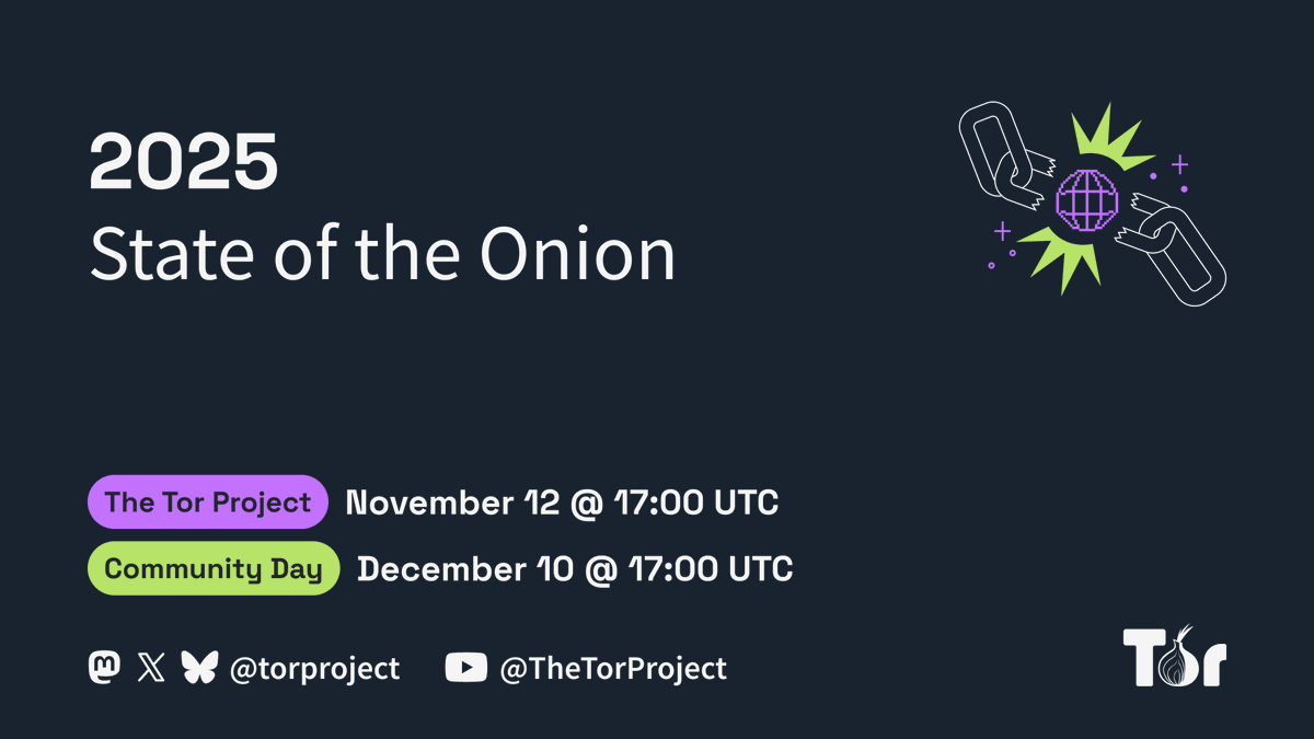 torproject's tweet photo. Censorship may be a cat-and-mouse game, but our teams are staying ahead. If you want to hear more about our ongoing fight for online freedom, join us for our State of the Onion event on November 12 at 17:00 UTC.  📺

https://t.co/A29KBic45N https://t.co/r8MEFZ3xHP