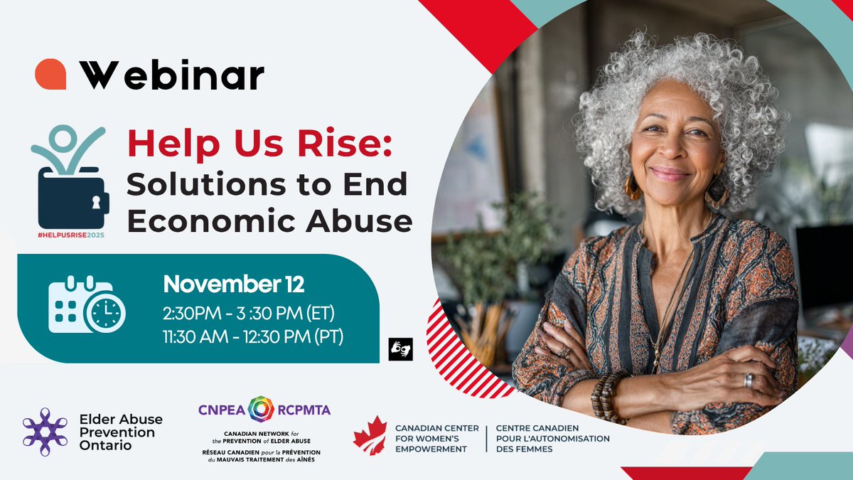 Join @CCFWE, <a href="/cnpea/">CNPEA</a> &amp; <a href="/EAPreventionON/">Elder Abuse Prevention Ontario</a> on Nov 12 for a discussion on solutions to end economic &amp; financial abuse.

Learn to identify abuse, understand barriers to safety, &amp; support survivors—part of #HelpUsRise2025 Campaign

🔗 Register: eapon.ca/webinars/help-…

#FinancialAbuse