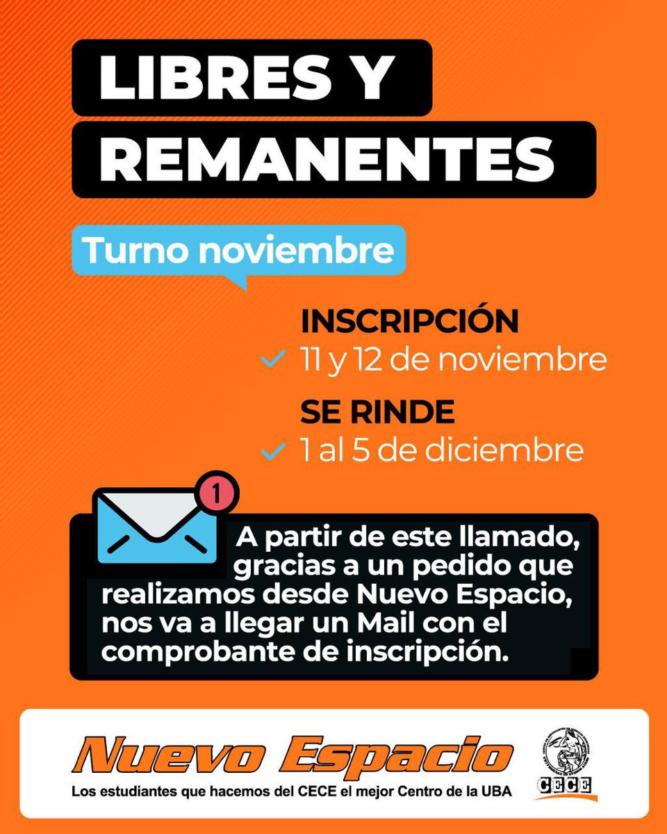 EXÁMENES LIBRES Y REMANENTES

📲Inscripción: 11 y 12 de Noviembre 

🗓️Se rinde: 1 al 5 de Diciembre 

💡Gracias a un pedido que realizamos desde Nuevo Espacio, nos va a llegar un Mail con el comprobante de inscripción