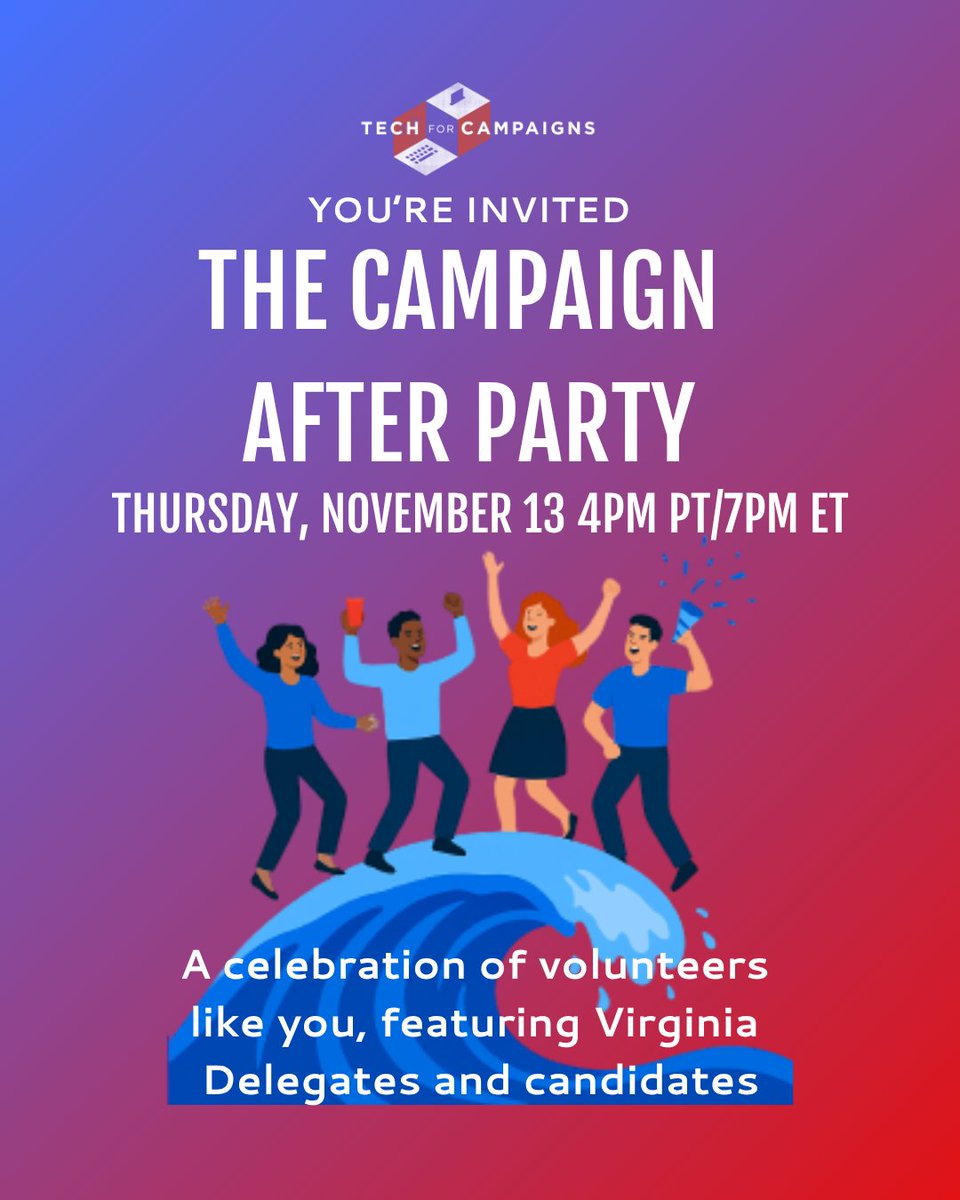 Tech4Campaigns's tweet image. Tech for Campaigns had a stellar Election Day 2025, with 24 out of 30 campaigns racking up wins thanks to volunteers and donors like you!

Join us for a virtual campaign party Thursday 4pm PT/7pm ET

RSVP: techforcampaigns.org/events/the-cam…