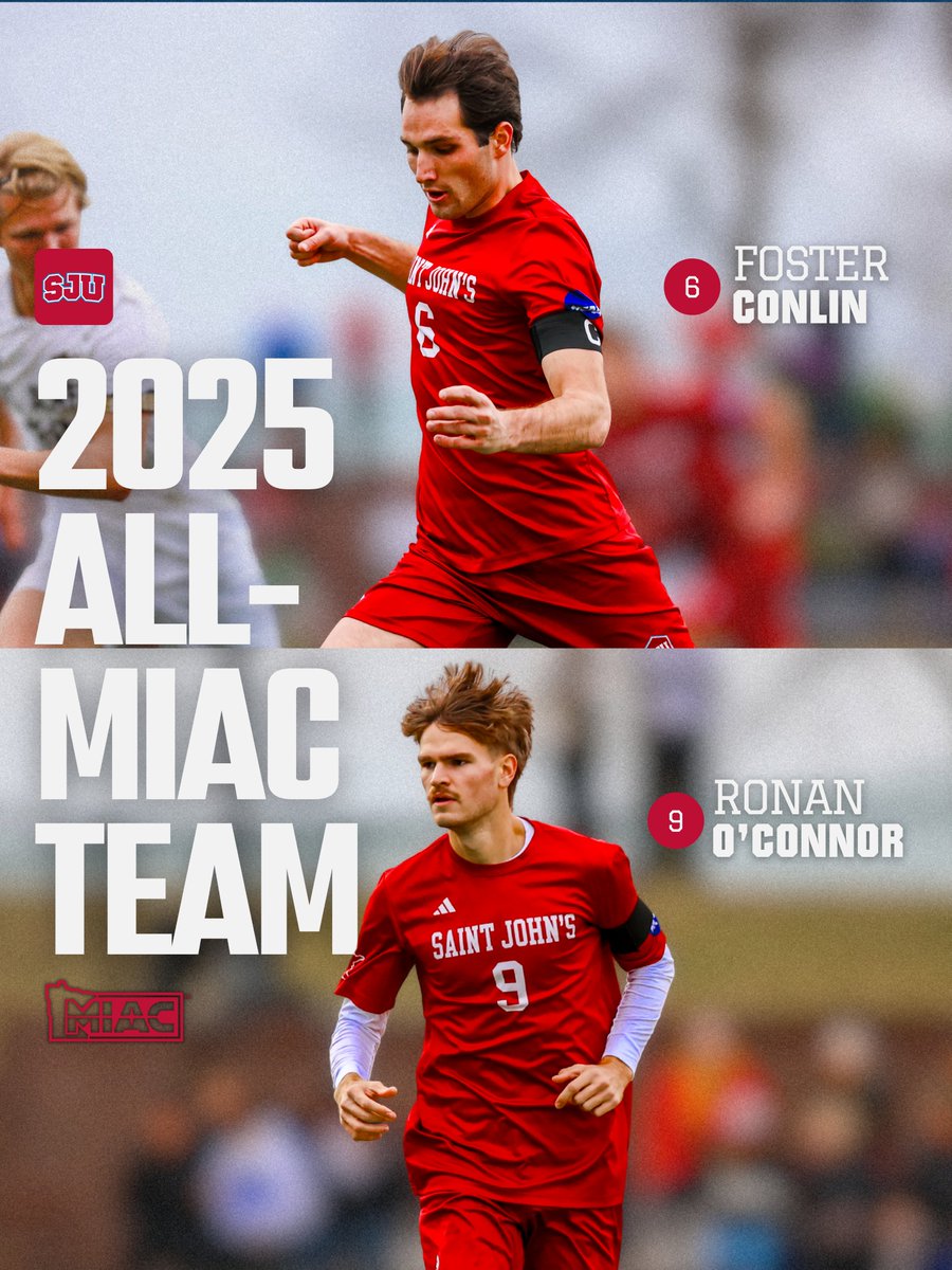 Congrats to <a href="/Johnnie_Soccer/">Saint John's Soccer</a> senior Foster Conlin &amp; sophomore Ronan O'Connor, who today were named to the 2025 All-MIAC team! 

A pair of freshmen, Eli Ryan &amp; James Torguson, were named to the MIAC All-Playoff team.

RELEASE: gojohnnies.com/news/2025/11/1…

#GoJohnnies | #d3soc