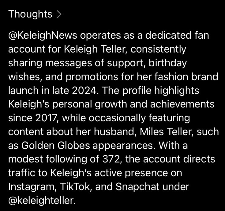 I like the summary Grok made about my X account 🤗

<a href="/keleighteller/">Keleigh Teller</a> <a href="/Miles_Teller/">Miles Teller</a>