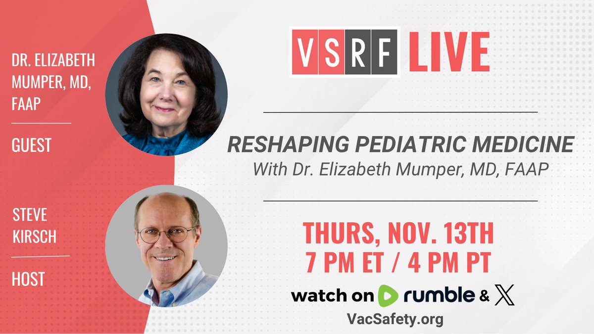 VacSafety's tweet image. 👩‍⚕️ This week on #VSRFLive —

We welcome Dr. Elizabeth Mumper @EMumperMD, featured in &quot;An Inconvenient Study,&quot; for a powerful conversation on the rise of chronic illness in children and the fight for informed consent.

🗓️ Thurs | 7 PM ET / 4 PM PT
📺 Watch LIVE on Rumble &amp;amp; X