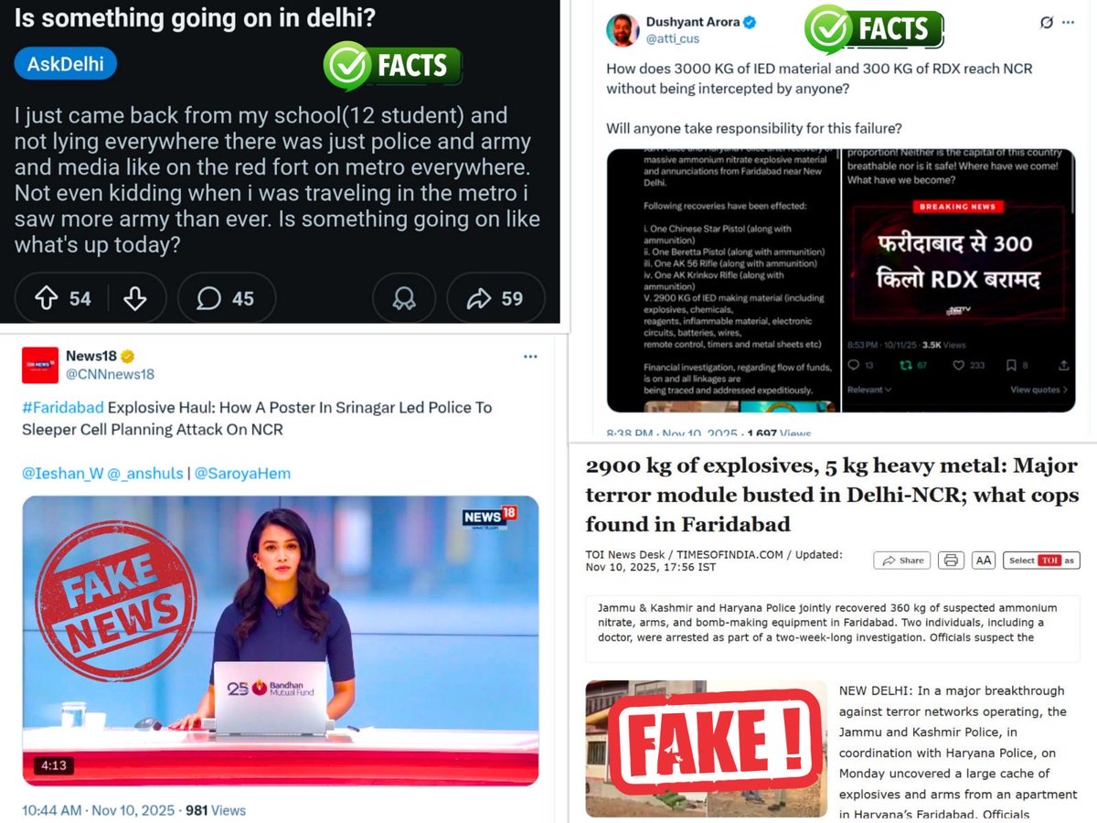FactCheckerMoIB's tweet image. *OSINT BRIEF — DELHI BLAST FALSE-FLAG NARRATIVE* 

Title: Red Fort Blast — RDX Seizures, Rapid External Attribution, False-Flag Perception
Date: 10 November 2025
Classification: Tactical OSINT / Media Brief

 *Topline* 

Days before the Delhi blast, Indian ATS and law enforcement…