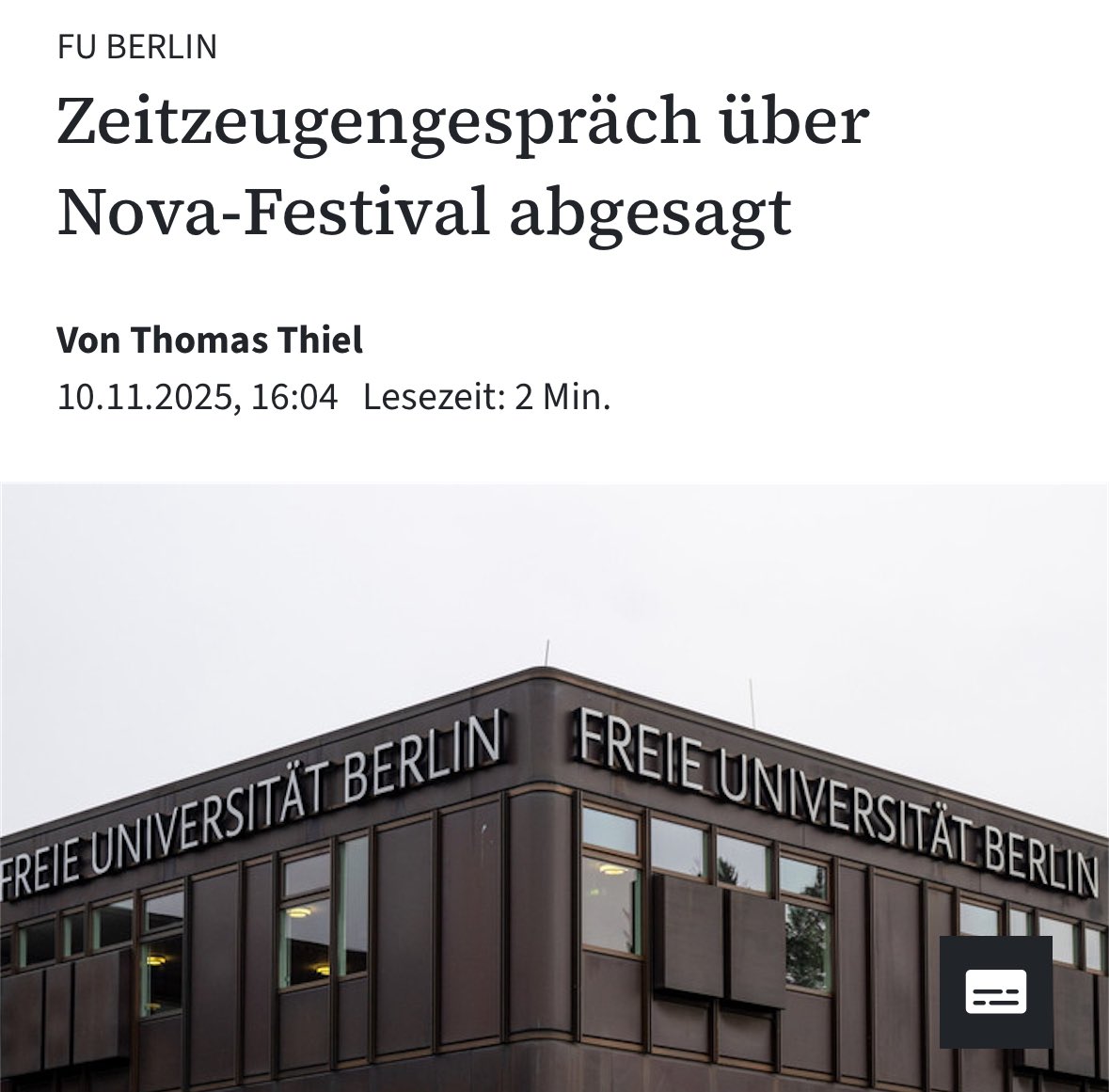 „Die Freie Universitat scheint kein Ort zu
sein, an dem man gefahrlos über das Massaker, bei dem 1200 Juden ums Leben kamen, sprechen kann.“

Das ist ein Skandal!
Die ganzen „nie wieder ist jetzt“ Heuchler im linken Lager sollten sich schämen.
Gestern schöne Kacheln posten und