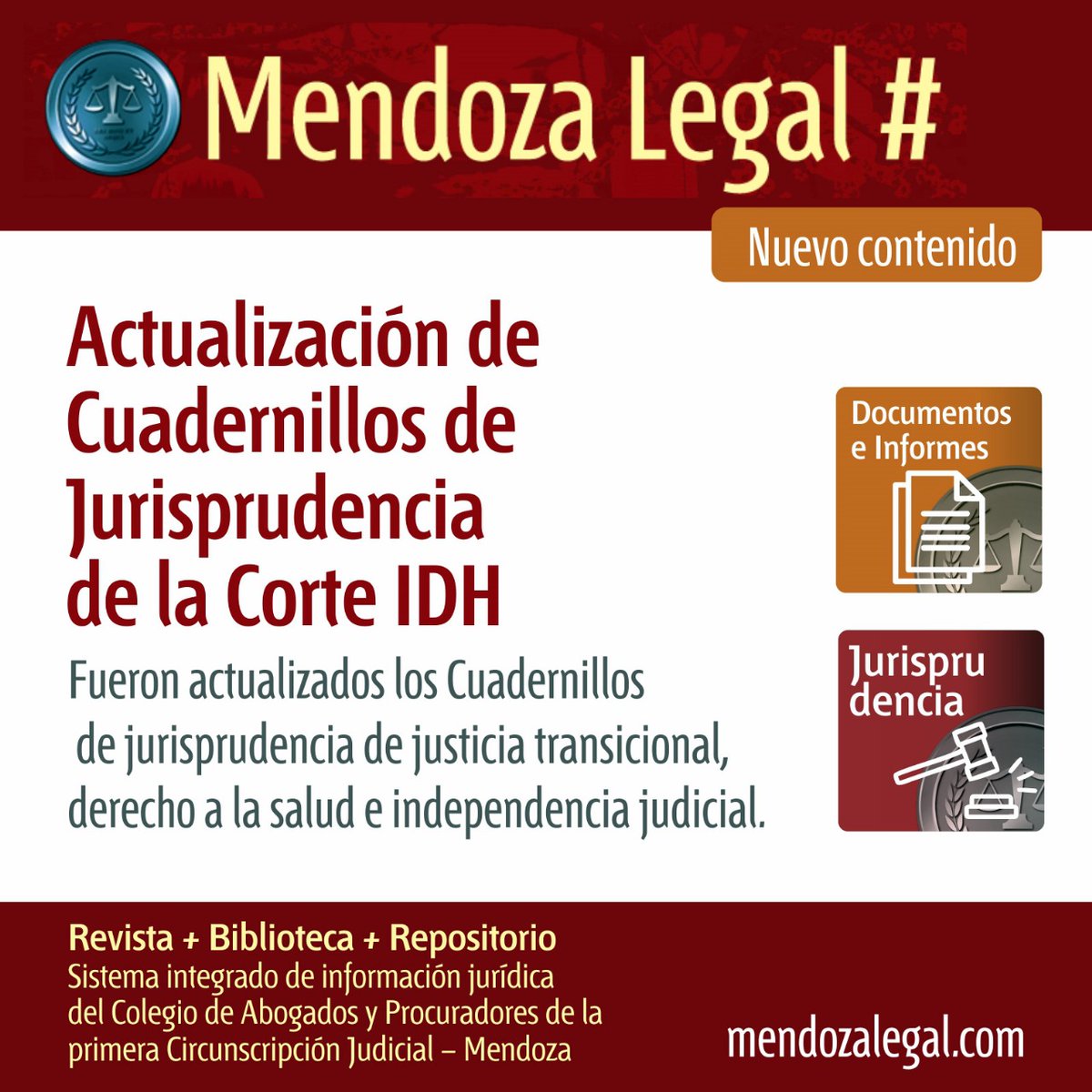 Actualización de los cuadernillos de Jurisprudencia de la Corte Interamericana de Derechos Humanos sobre justicia transicional, derecho a la salud e independencia judicial

✍️ Nuevo artículo de Mendoza Legal disponible en el siguiente enlace: colabogmza.com.ar/actualizacion-…