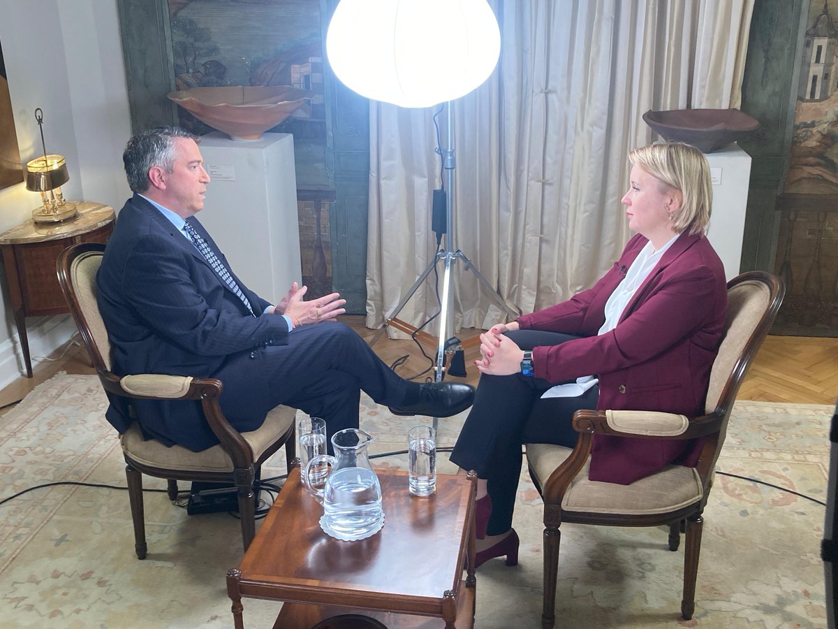 EUAmbUS's tweet photo. Grateful for today's chat with @JamesRosenTV @NEWSMAX so I could share more about the EU's near-trillion dollar plan to ramp up our defense industry to protect Europe’s security. Stay tuned for the final piece coming out tomorrow. I hope you'll watch! https://t.co/dzWQiVeNSp