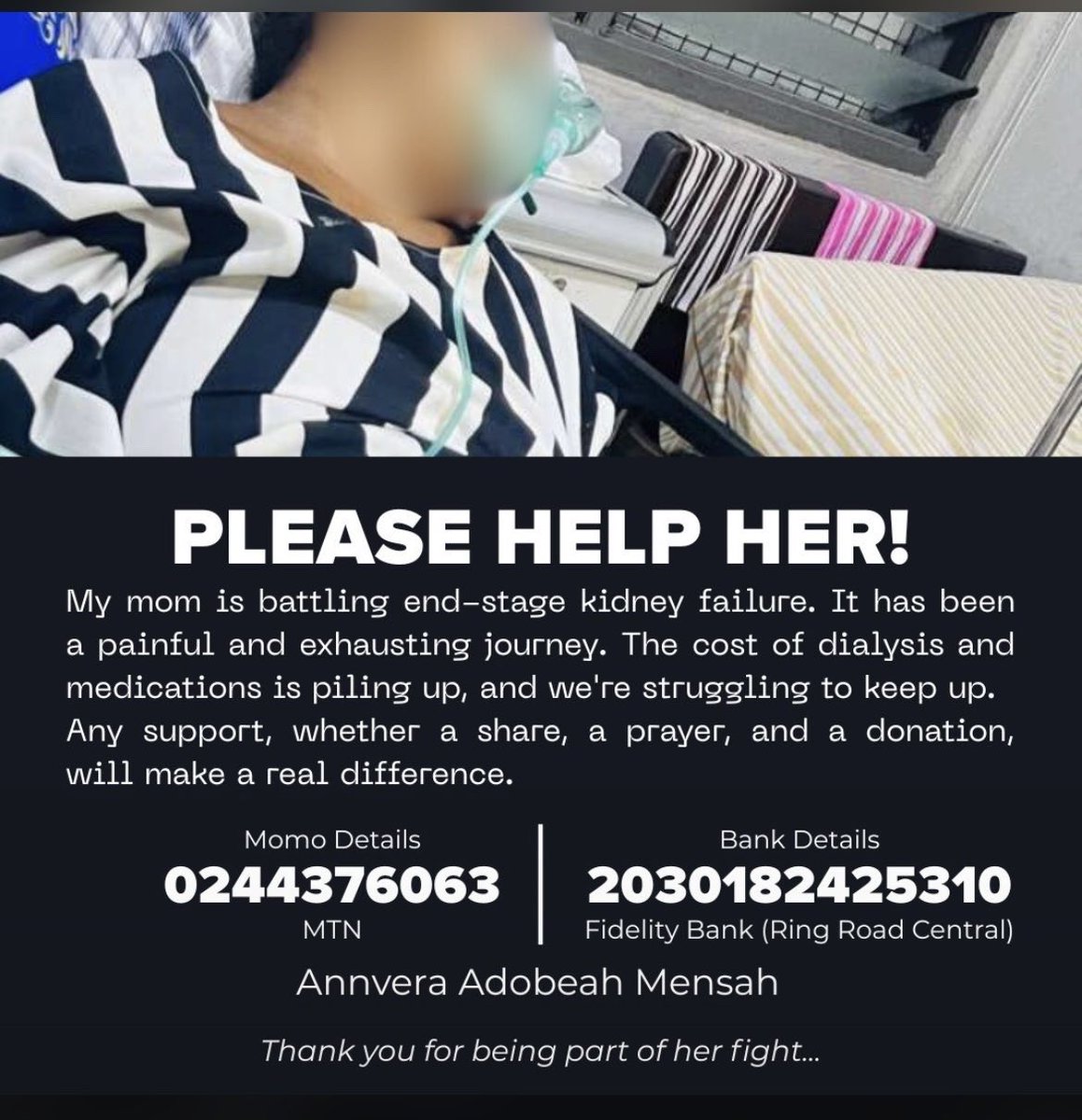 kofisikaa's tweet image. A friend’s mother is in urgent need of medical care ; any support, no matter how small, will go a long way 🙏❤️

KINDLY RT!!!