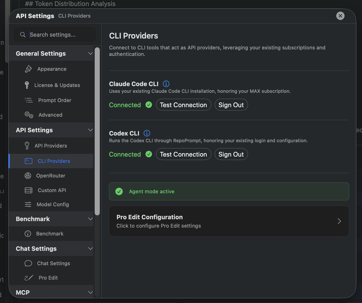 pvncher's tweet image. Just released @RepoPrompt 1.5.28, and it includes a much requested feature!

It&apos;s now possible to setup Codex CLI as an api provider, making it possible to leverage your Plus or Pro Sub with the built in chat and Pair Programming MCP workflows!

Just connect it in the settings