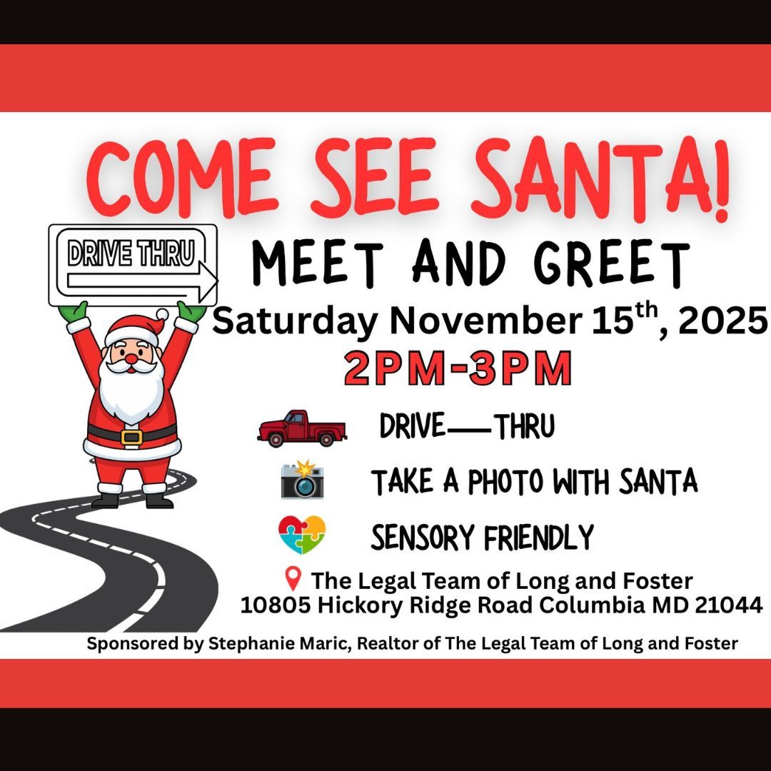 🎅✨ Drive-Thru Santa Visit – Sensory-Friendly! ✨🎅

Kick off the holiday season with a special Drive-Thru Visit with Santa — a sensory-friendly event designed for comfort and joy!

🗓 Saturday, November 15
🕑 2:00–3:00 PM
📍 10805 Hickory Ridge Rd, Columbia, MD 21044