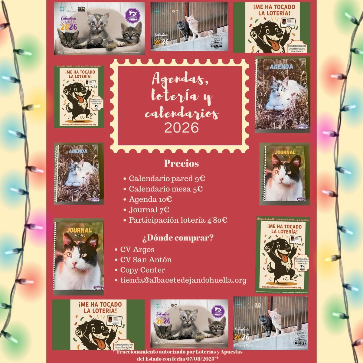 🎄 ¡Ya están aquí las agendas, calendarios y lotería de Dejando Huella Albacete 2026! 🐾
Como cada año, traemos nuestros artículos solidarios para que empieces el nuevo año con mucha huella 💜.

🛒 Puedes conseguirlos en los sitios indicados en la imagen.
#Albacete