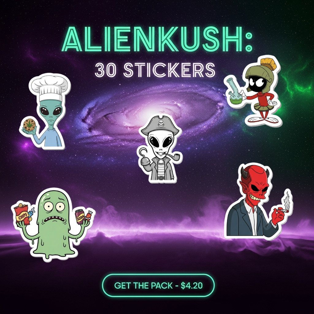 AlienKush_HQ's tweet image. Your favorite characters went on a trip. We brought back the stickers. 👽 This exclusive AlienKush pack is a must-have. Don't be the last to know! GET YOURS HERE 👉 [Link in Bio]#ExclusiveDrop #CartoonArt #StickerLover #KoFiShop
