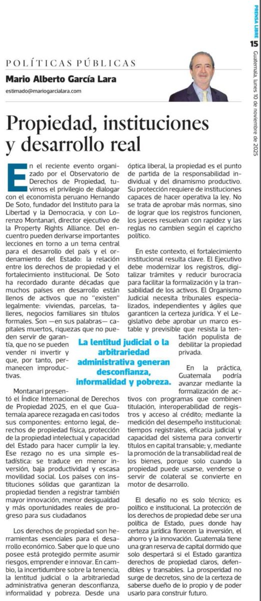 Los derechos de propiedad no son solo un tema económico: son una base del bienestar integral del ciudadano. Donde hay certeza jurídica, florecen la inversión, el ahorro y la innovación.
💡 Nueva columna: “Propiedad, instituciones y desarrollo real”
mariogarcialara.com/columnas/propi…