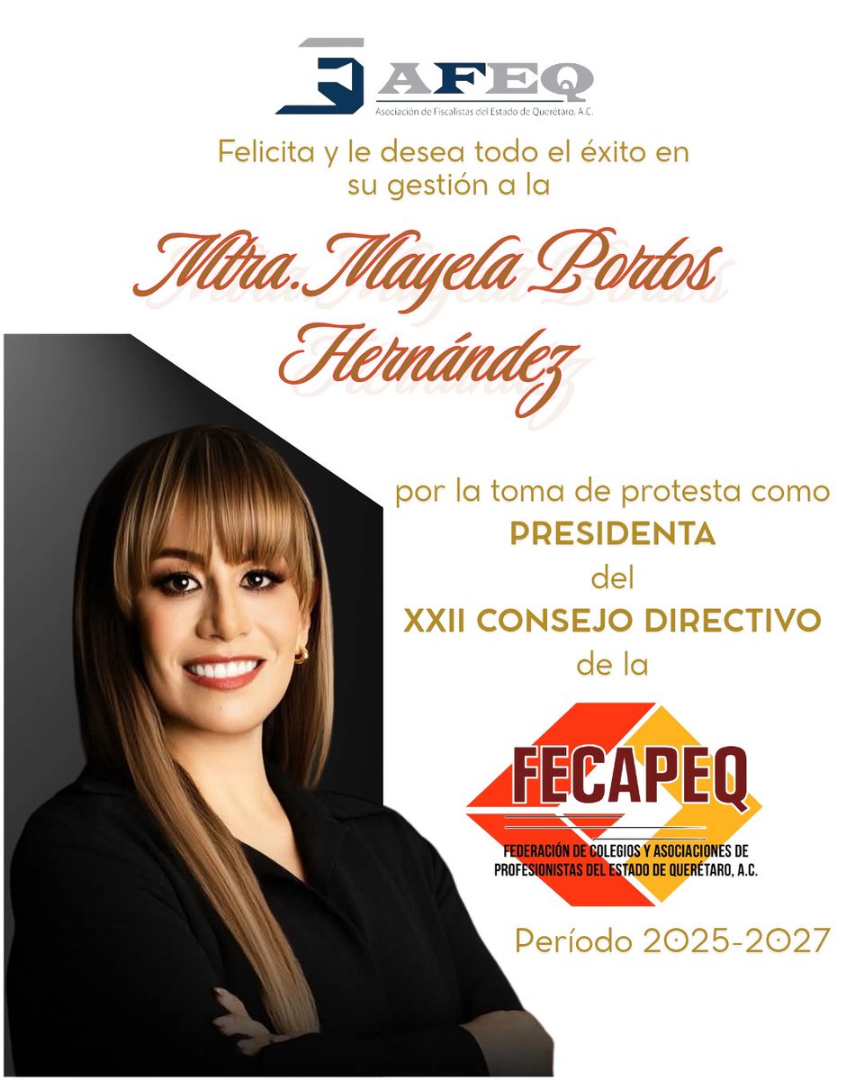 La AFEQ felicita a la Mtra. Mayela Portos Hernández por su toma de protesta como Presidenta del XXII Consejo Directivo FECAPEQ, para el periodo 2025-2027.

¡Enhorabuena y éxito en esta nueva gestión!

#AFEQ #FECAPEQ #LiderazgoProfesional #UnidadGremial #OrgulloProfesional