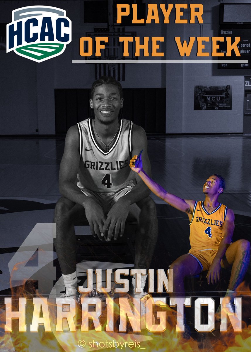 Congratulations to our very own Justin Harrington for winning <a href="/HCACDIII/">Heartland Collegiate Athletic Conference</a> Player of the Week! The sophomore from Indianapolis (<a href="/BenDavisBasket1/">Ben Davis Basketball</a>) averaged 21 ppg fueling the Griz to a 2-0 weekend on the court.  CONGRATS J4!