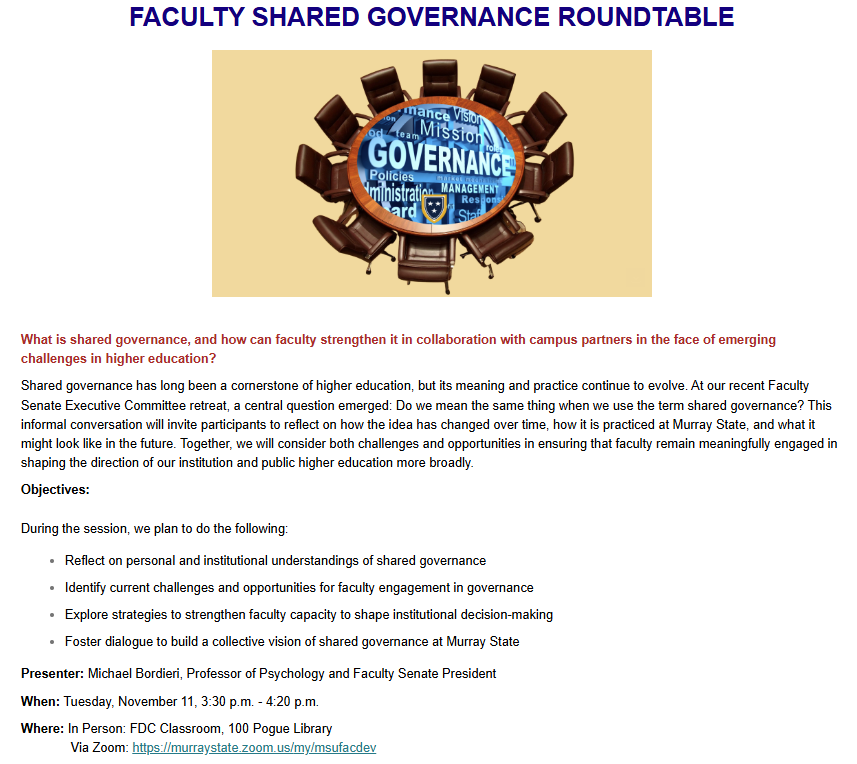 Join us at "the table" via Zoom, Tuesday, Nov. 11 at 3:30 pm as Michael Bordieiri, along with co-facilitator Brian Bourke discusses Faculty Shared Governance as it evolves and what the term "shared governance" term means.

Register: tinyurl.com/2025FALLREGIST…