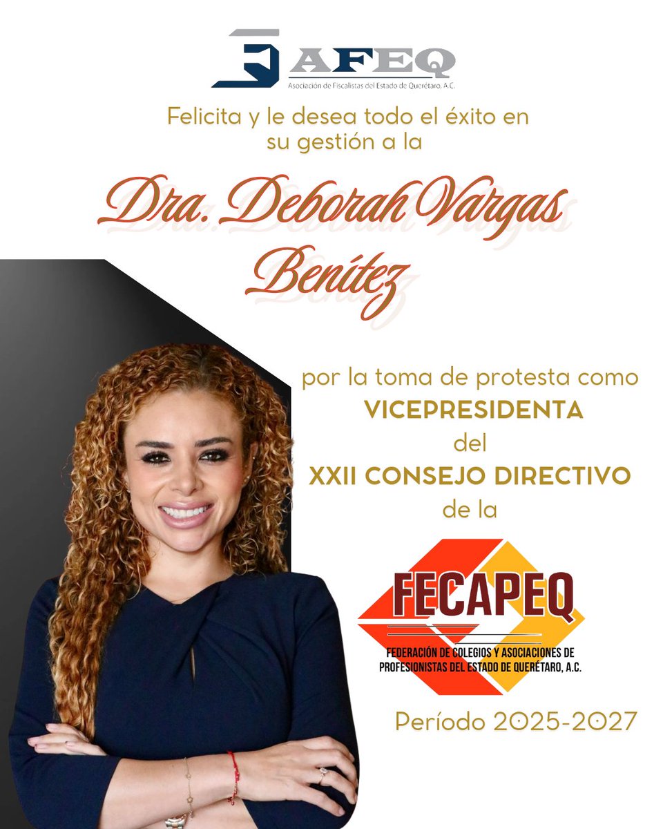 La AFEQ felicita a la Dra. Deborah Vargas Benítez por su toma de protesta como Vicepresidenta del XXII Consejo Directivo de la FECAPEQ, para el periodo 2025-2027.

Le deseamos el mayor de los éxitos en esta nueva etapa.

#AFEQ #FECAPEQ #LiderazgoProfesional #OrgulloProfesional