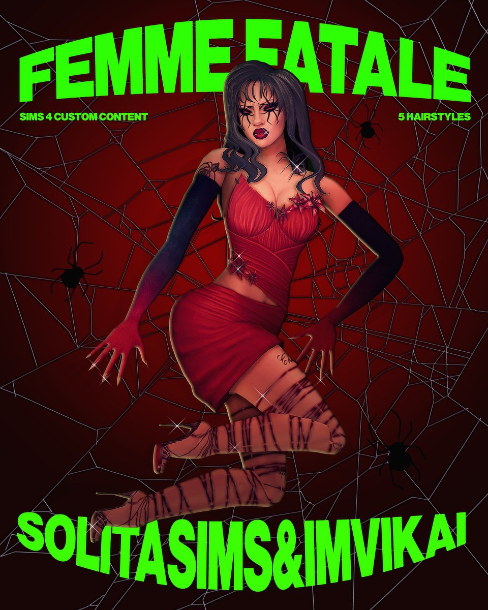 Solitasims and I bring you 5 hairstyles perfect for your femme fatale sims. Inspired by her iconic sims, Nikki &amp; Lourdes.

[RELEASE GIFT] Free simlish version of the poster is available for for everyone on the public patreon post!

🔗 Link in bio
📆 Public release: December 2nd