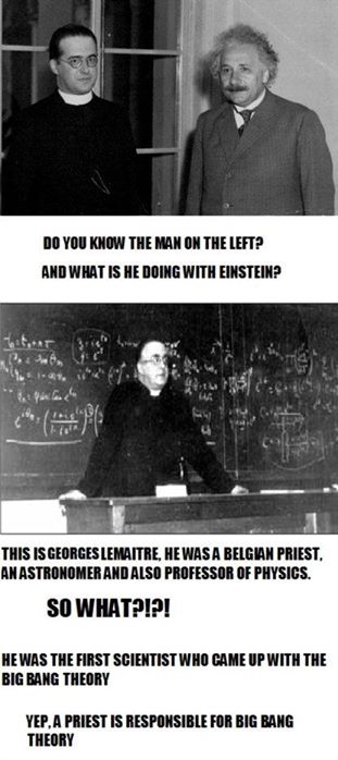 Black-and-white photograph of two men standing side by side one dressed as a priest in clerical attire and the other in a suit with a mustache. Another image shows the priest figure with Albert Einstein both looking at documents. A classroom scene features the priest in vestments standing before a blackboard covered in mathematical equations. Text overlays identify the priest as Georges Lemaître and describe his role in proposing the Big Bang theory.