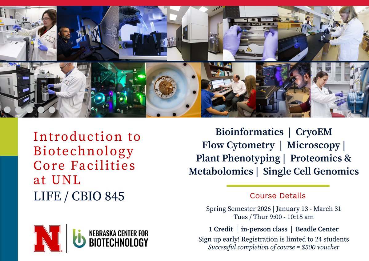 BiotechUNL's tweet image. @UNLincoln Grad students! 

Sign up for the Spring 2026 Biotech Core Facilities Course!

📅 Jan 13 - March 31
📍 In-person | Beadle | Tues/Thurs 9:00 - 10:15 am
💡 1 Credit | Limit 24 students
💵 Complete the course &amp;amp; earn a $500 voucher!

Learn More: go.unl.edu/biotechcourse26