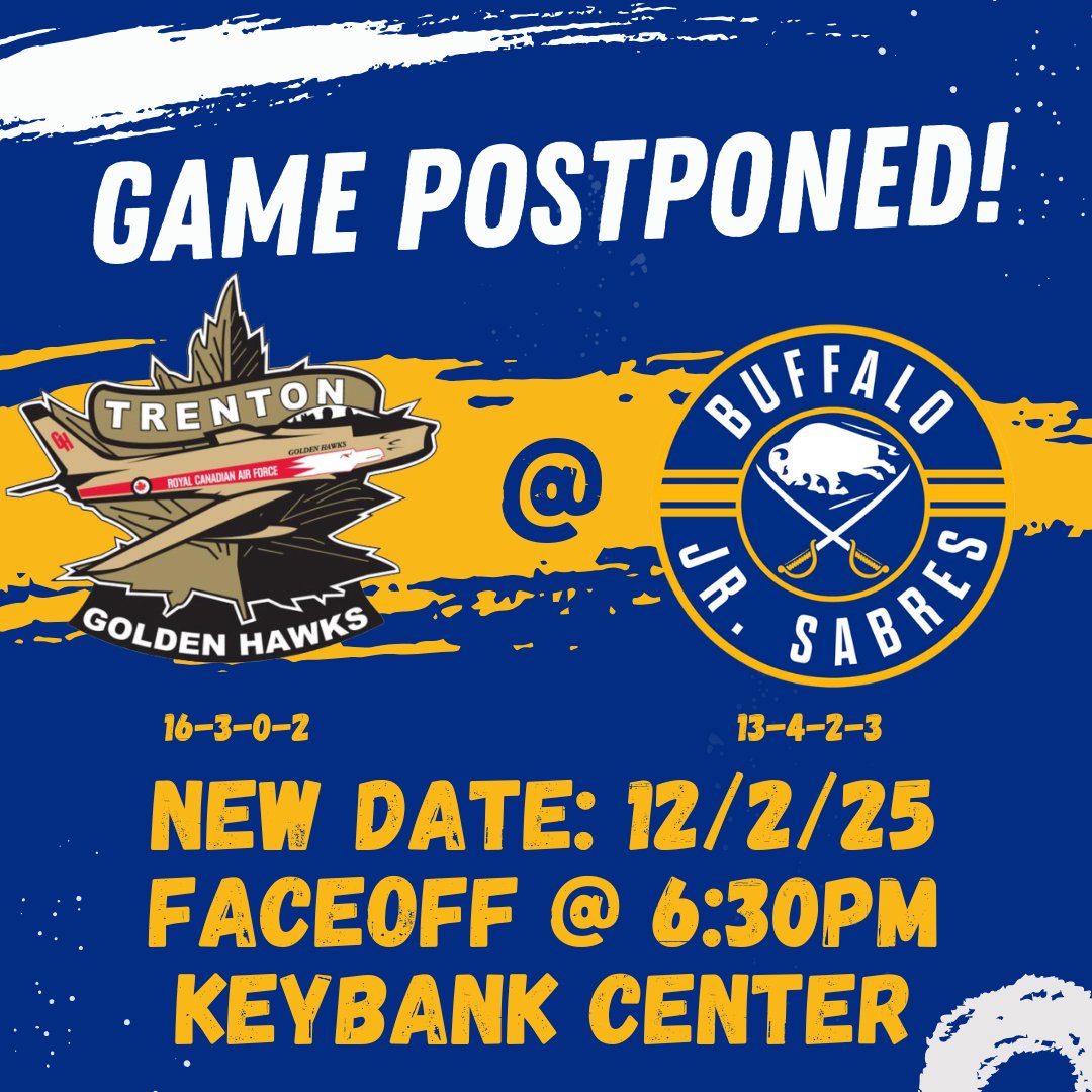 JrSabresOJHL's tweet image. Attention all fans! Tomorrow&apos;s game has been moved to Tuesday December 2nd at KeyBank Center. 

Our next home game is this Sunday November 16th @ 6:00pm against Burlington.

#EmbraceTheChaos
@stbcbeer @DrinkBODYARMOR