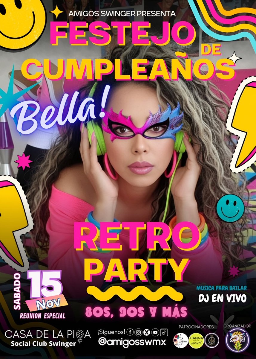 ¡ATENCIÓN! 🎶
Este sábado nos vamos directo a la máquina del tiempo porque
✨ Bella celebra su CUMPLEAÑOS ✨
con una fiesta RETRO al puro estilo 80s • 90s…¡y MÁS!

📼💿 Prepárate para:
⚡ Looks neón + vibes retro
🕺 Pasos prohibidos en la pista
👉 ¡Esta fiesta será LEGENDARIA!