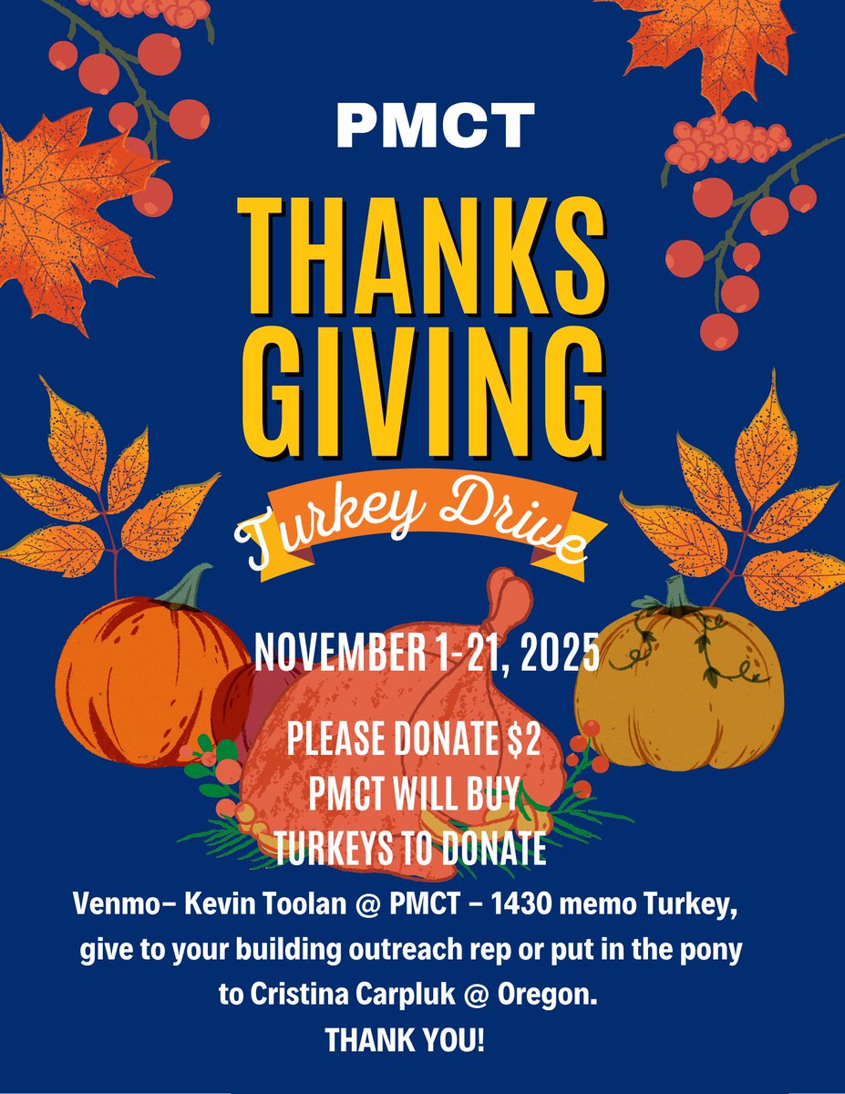 Please consider donating $2 by 11/21 for PMCT to purchase turkeys for our Thanksgiving Turkey Drive 🦃. 

Directions for payments are specified on the flyer below.