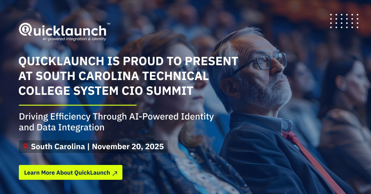 We’re heading to South Carolina for the Higher Ed CIO Summit!

QuickLaunch is proud to present at the SC Technical College System CIO Summit, where campus tech leaders will explore innovation, identity modernization, and digital transformation in higher ed.

#HigherEd #EdTech